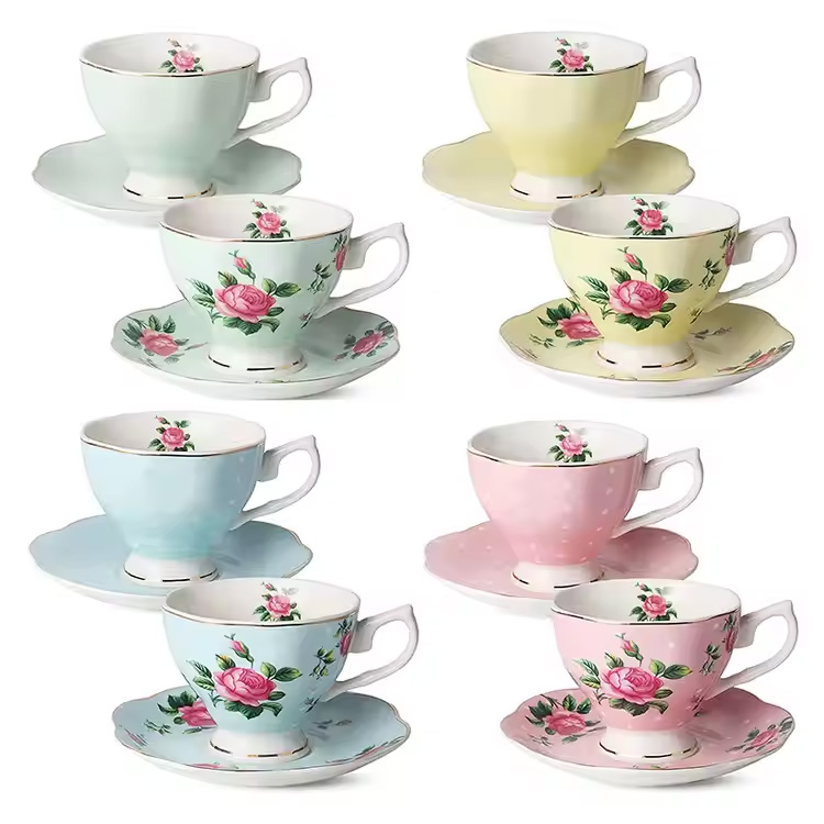 Bone China Floral Latte Multi-Warna Teh Cawan dan Set Piring
