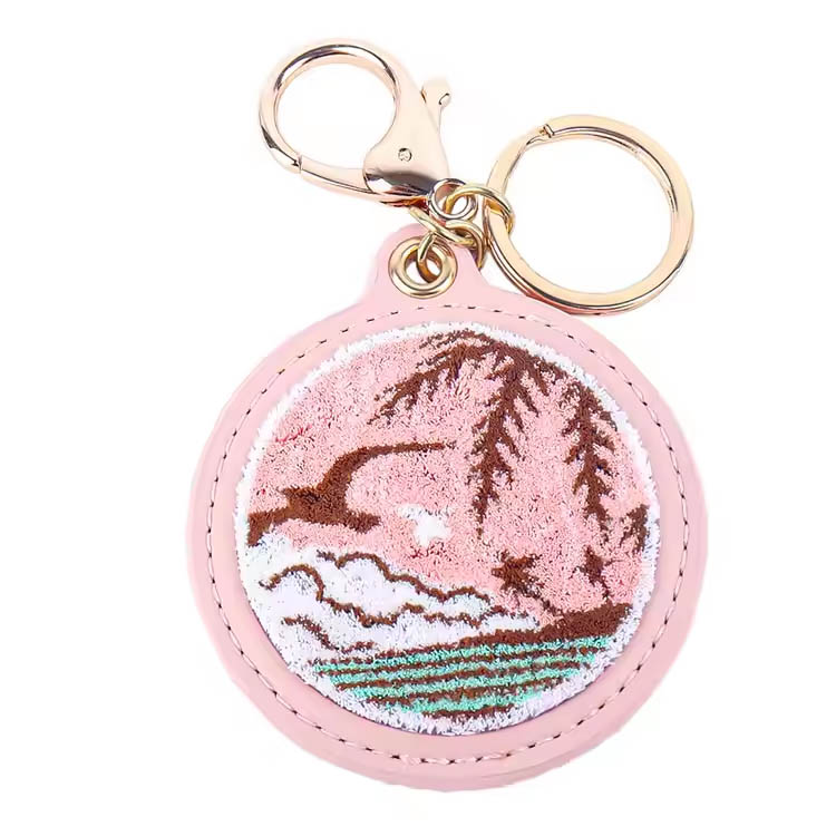 Cincin utama Pink Pulau Pemandangan Premium Keychain Sulaman Premium