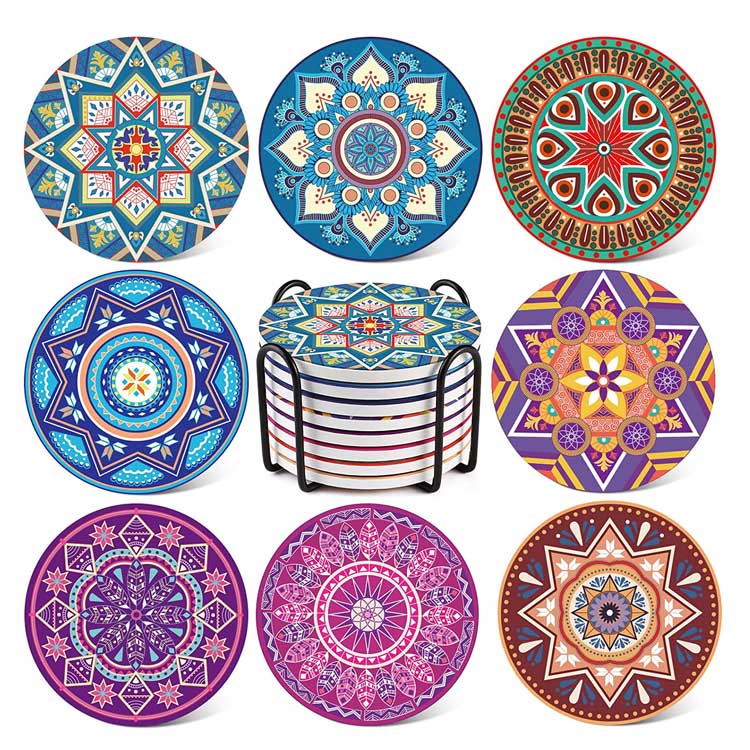 Set Coaster Minuman Seramik Penyerap Gaya Mandala